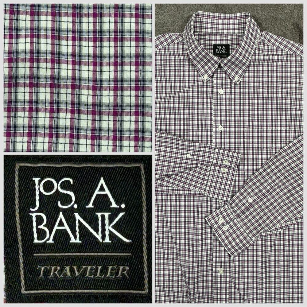Jos A Banks MenXL Traveler Cotton Red Gray Plaid Tailored Fit Long Sleeve‎ Shirt